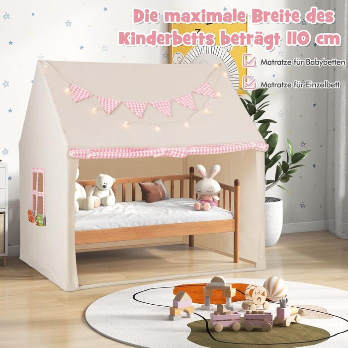 Дитячий намет GOPLUS з м'яким килимком, зірочками та китицями, ігровий будиночок для дому та вулиці з вікнами, дверима та кишенями, для дітей від 3 років (Рожевий)