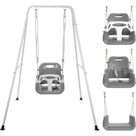 Дитяча гойдалка-шезлонґ 3-в-1 для дому та вулиці з металевим каркасом, сіра. Підходить для дітей від 6 місяців до 10 років