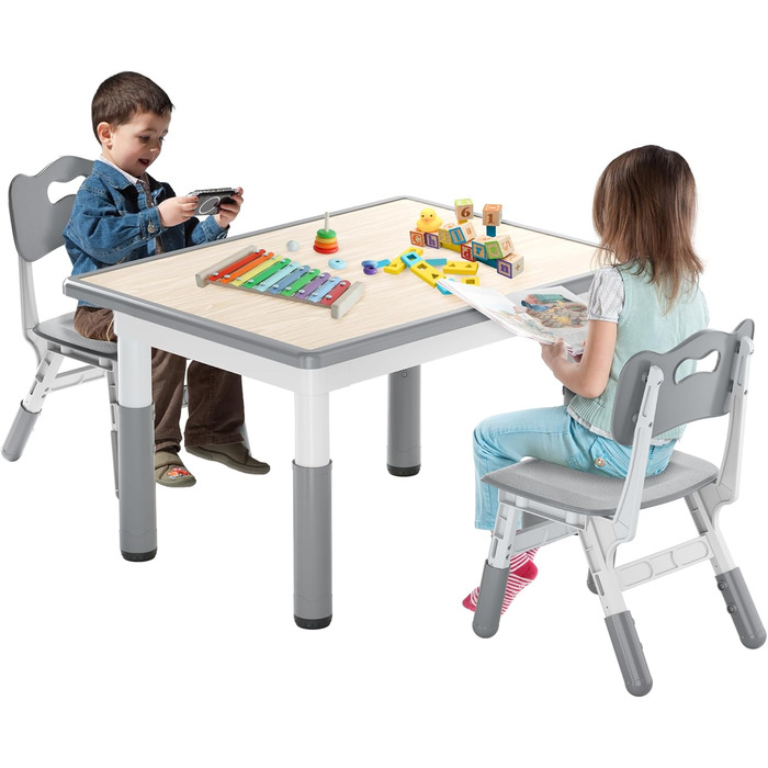 Дитячий стіл зі стільцями, регульована висота, 3 частини, пластиковий стіл-парта для дитячої кімнати, 80x60 см