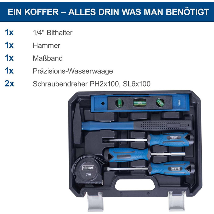Набір інструментів Scheppach 97 предметів у пластиковому кейсі: викрутки, біти, шестигранники з гумовими ручками