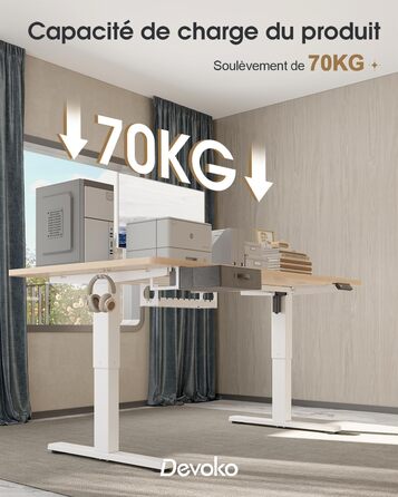 Регульований стіл Devoko 160x80 см з висувними ящиками, USB-порт, органайзер для кабелів, стіл для комп'ютера з 3-ма пам'ятними функціями, білий