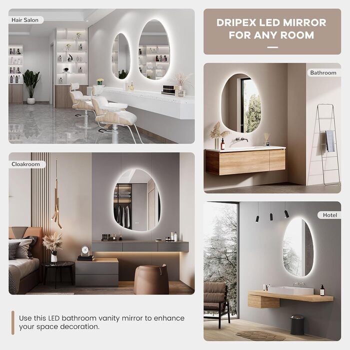 Дзеркало для ванної кімнати Dripex LED з підсвічуванням, сенсорне керування, регулювання яскравості, 3 кольори світла, без запотівання, 85x52 см