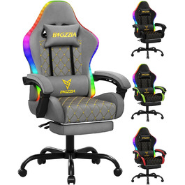 Ігровий крісло Bigzzia з RGB LED підсвічуванням - ергономічне геймерське крісло з підтримкою попереку та підніжкою, регульоване та поворотне, з PU-шкіри, 150 кг, сірий