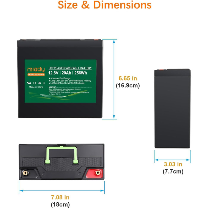 Акумулятор Miady 12V LiFePO4 із захистом BMS, 3000 циклів, не потребує обслуговування, 20 Ач для сонячної системи, автофургон, човен