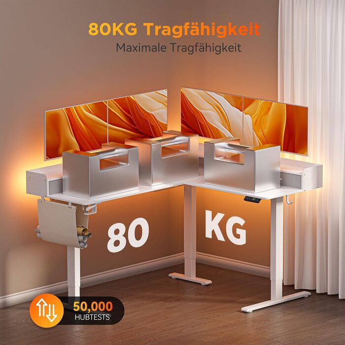 Електричний кутовий стіл L-подібної форми, 160 x 140 см, з 3 висувними ящиками, регулювання висоти, для офісу, ігрової кімнати, дому