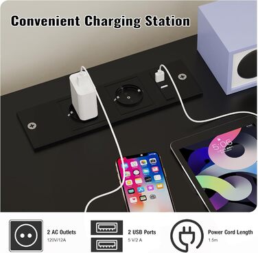 Нічний столик з розеткою та LED-підсвіткою, нічний комод з функцією зарядки та USB, 2 висувні ящики (45x35x46/62 см, Чорний)