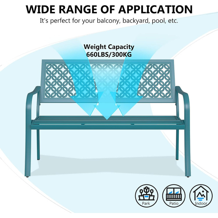 Металева лавка Grand Patio для саду, парку, балкону - 2-3 особи, з підлокітниками, ретро-стиль, блакитна