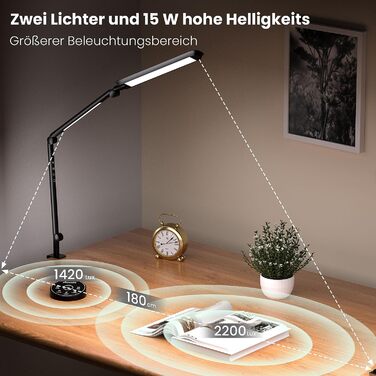 Настільна лампа AmazLit, світлодіодна, з регулюванням яскравості, затискна, 12 Вт, поворотний кронштейн, безступінчасте регулювання яскравості та температури кольору, час роботи офісної лампи