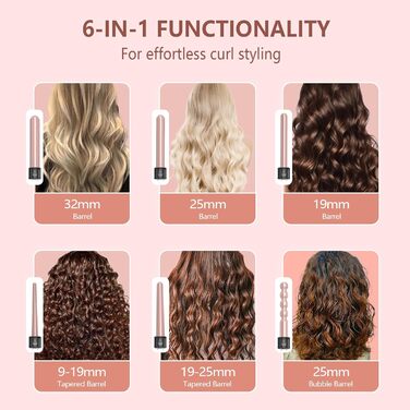 Локшик для волосся NWOUIIAY 6 в 1 з LCD-дисплеєм, керамічне покриття, мультифункціональний, змінне насадки, для великих та маленьких локонів, рукавички, регулювання температури, рожевий