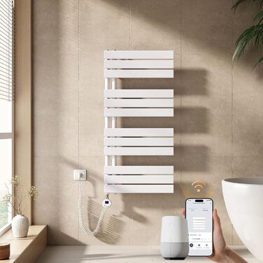 Електричний рушникосушар EMKE з термостатом, 1320x500 мм, білий, 800W (модель з Wi-Fi)