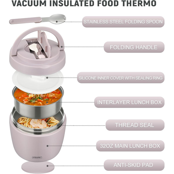Термоконтейнер для їжі Itslife 970мл, термоконтейнер з кришкою, з нержавіючої сталі з ложкою, термотермос для їжі, ланчбокс для супів, дитячого харчування, каші (зелений) (фіолетовий)