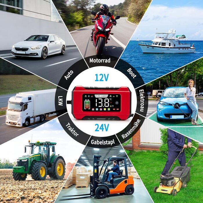 Зарядний пристрій для акумулятора HAUSPROFI 15A 12V/24V з функцією ремонту та підтримання заряду, 9-ступінчаста зарядка, LCD-дисплей для авто, вантажівки, мотоцикла, човна. Підходить для акумуляторів: свинцево-кислотних, AGM, EFB, LiFePO4