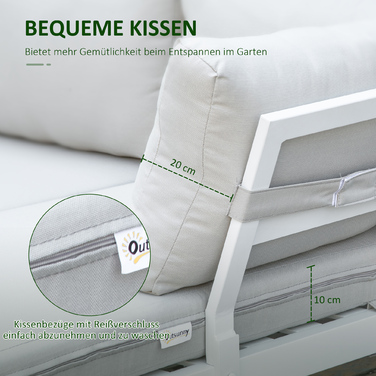 Набір садових меблів на 3 особи з приставним столиком, диван з подушками, у формі літери L, для зовні, алюміній, кремовий