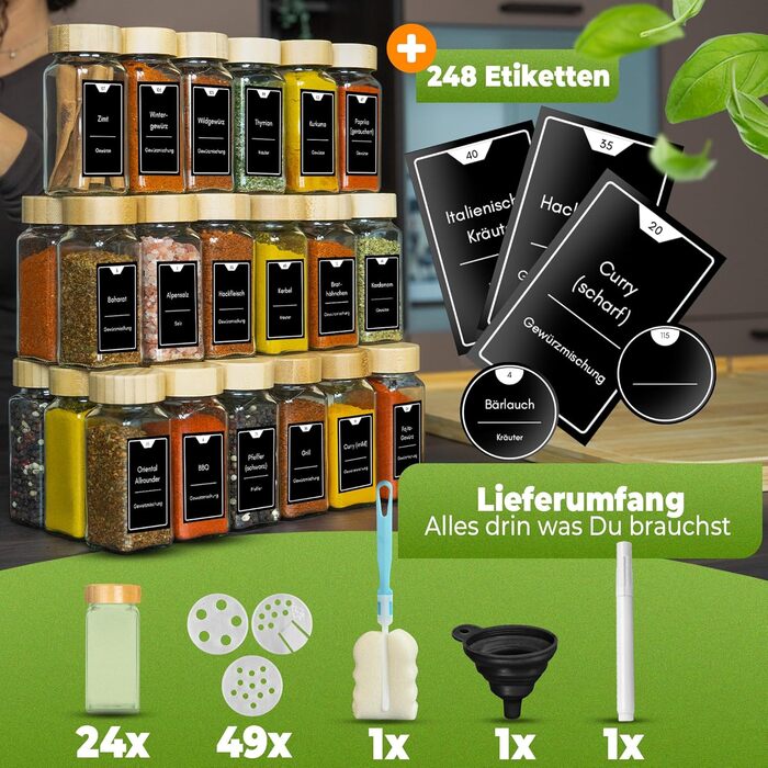 Набір баночок для спецій 24 шт. по 125 мл, бамбукові кришки, з мірками та етикетками