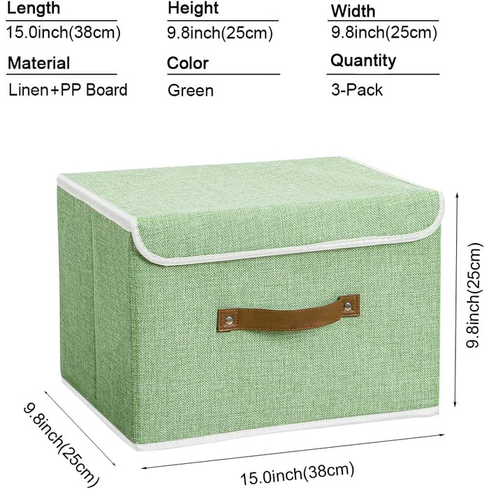 Коробка для зберігання Yawinhe з 3 предметів з кришкою, складна кошик для зберігання одягу з лляної тканини для рушників, книг, іграшок, одягу (38x25x25 см, зелена)