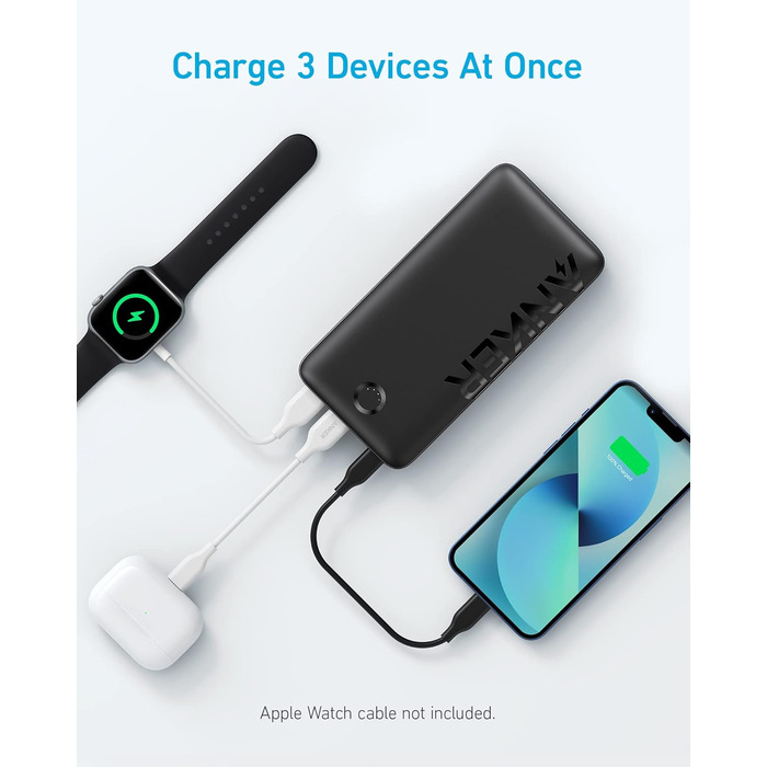 Вт USB-C, сумісний з iPhone, Galaxy, iPad, AirPods, Apple Watch, Чорний, 335 Power Bank, 20