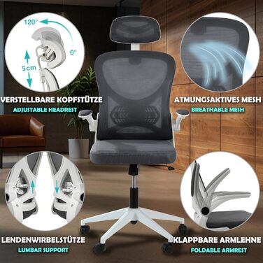 Офісне крісло Sesto Senso Ergo з ергономічною підтримкою попереку та відкидними підлокітниками, крісло для керівника, регульована підголовник (темно-сірий)