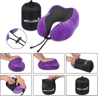 Набір подушок для шиї WELLGRO з 3D маскою для сну і затичками для вух - знімний чохол - Застібка-блискавка з піноматеріалу з ефектом пам'яті - в комплекті. Сумка для зберігання - Дорожня подушка-вибір кольору, Колір (Фіолетовий)