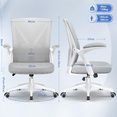 Офісний стіл Hinode з підйомними підлокітниками та функцією гойдання, 360° обертання, регульована висота, ергономічний стілець для дому та офісу з дихаючою сіткою, до 150 кг (Сірий, Стиль 1)