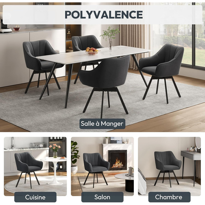 Крісло Yaheetech для кухні/їдальні/вітальні, обертається на 360°, з підлокітниками та металевими ніжками, темно-сірий (2 шт.)