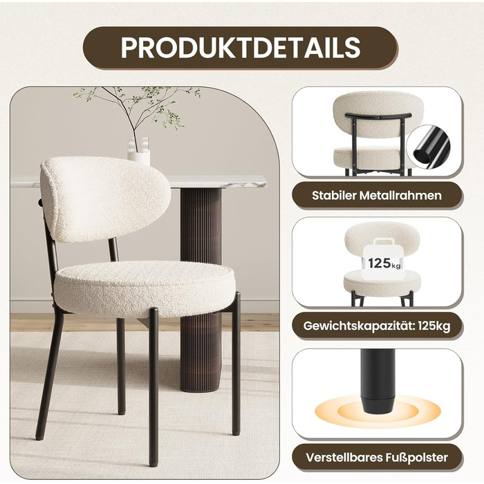 COLAMY Комплект обідніх стільців 4 шт. з м'яким сидінням 10 см – Сучасні м'які стільці з плюшевої тканини Teddy, з міцним металевим каркасом – Для кухні та вітальні, Білий. Комплект 4 шт.