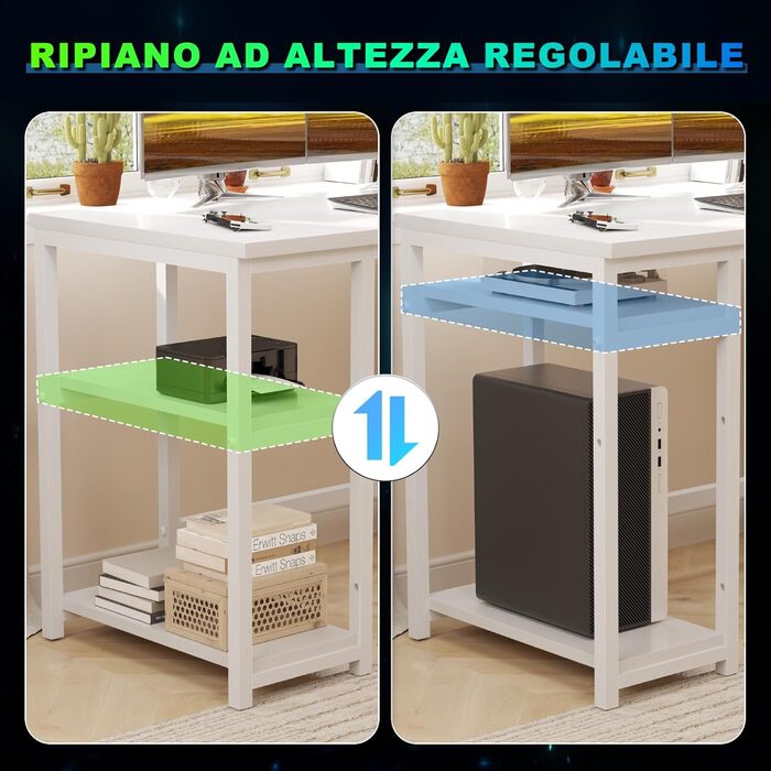 Ігровий стіл Devoko L-подібної форми з LED-підсвічуванням, 140 x 120 см, з 2 розетками та 2 USB-портами, з полицями для зберігання, білий