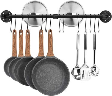 Кухонна підвісна планка Toplife для кухонного начиння, 60 см в промисловому стилі з 10 гачками, кухонна рейка з гачком, тримач для сковороди (80 см/14 мотик)
