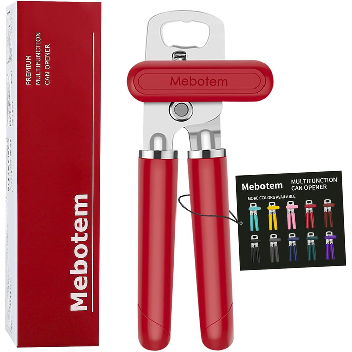 Відкривачка для консервів ручна, сталева, з великим зручним ручкою та відкривачем для пляшок (червона)