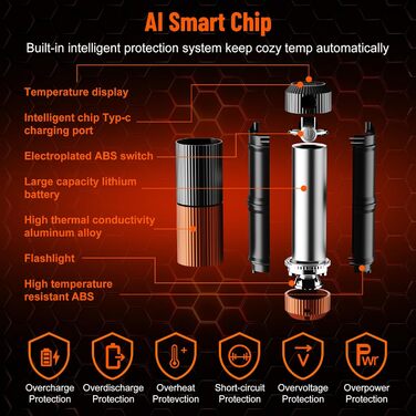 Електричний гріє для рук з ліхтариком, 2 шт., 5000mAh, магнітний, 5 температурних режимів, портативний, для жінок, зимовий подарунок, для зимових видів спорту, indoor/outdoor, чорний та помаранчевий