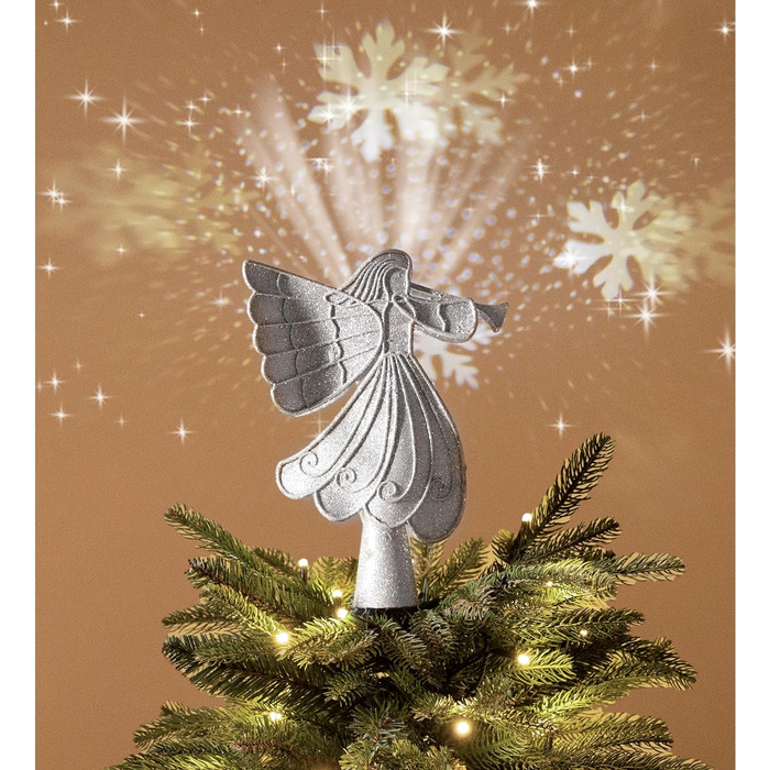 Ялинкова іграшка, ангел 26 см, проекція снігопаду, відсік для батарейок, різдвяний декор, тема червоний (сріблястий)