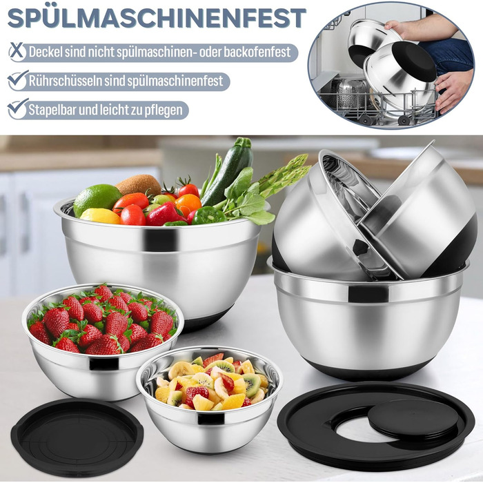 Набір мисок HaWare 6 шт. з нержавіючої сталі, набір салатників з герметичними кришками та 3 насадки для тертя, об'єм 4,6/2,8/2,5/1,6/1,2/0,7 л, антиковзний силіконовий низ, придатні для миття в посудомийній машині, чорний колір