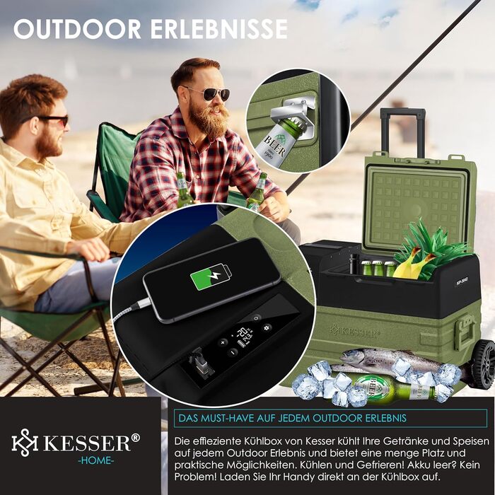 Автомобільний компресорний холодильник KESSER 42L з Wi-Fi, 12/24/230V, до -20°C, колеса, телескопічна ручка, хакі + 2 акумулятори холоду