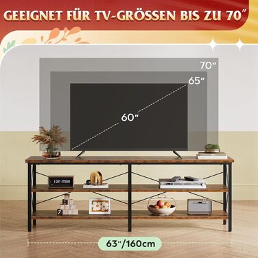 Тумба під телевізор WLIVE TV Schrank - 160 x 36 x 61 см, для телевізорів до 70 дюймів, з відкритими полицями, для вітальні та спальні, в стилі Vintage Braun