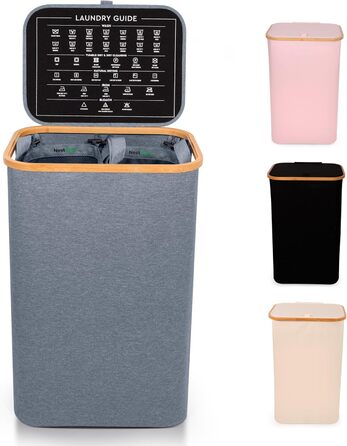 Кошик для білизни Nest Zest 100L з кришкою, 2 відділення для сортування, з інструкцією по догляду та 2 знімними внутрішніми кишенями, з бамбуковим обідком, Оксфордська тканина (Сірий)
