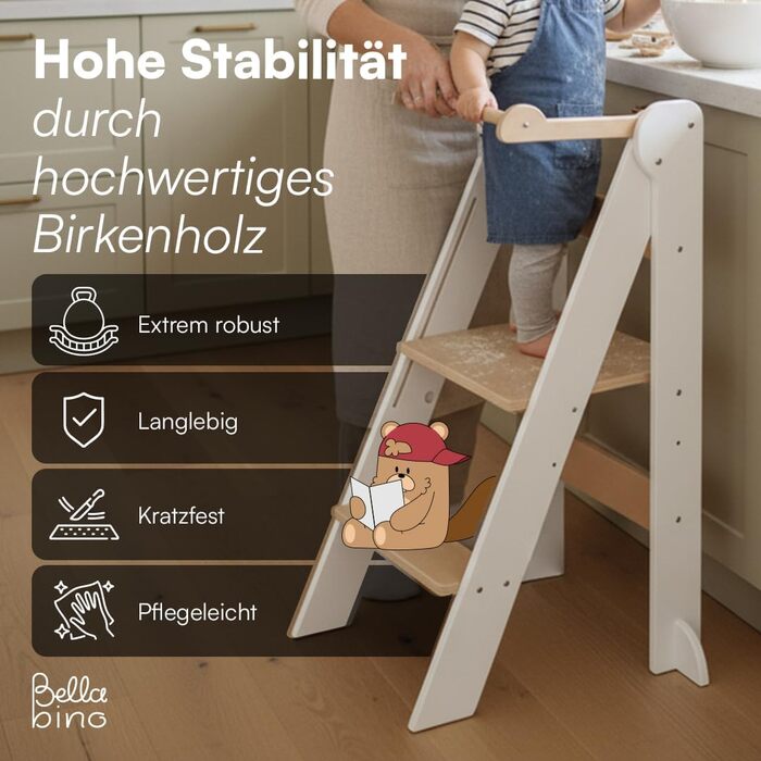 Лернтурм Bellabino Tay – навчальний столик для дітей від 1 року, регульована висота, білий, Монтессорі, з захистом від перекидання, з натурального дерева