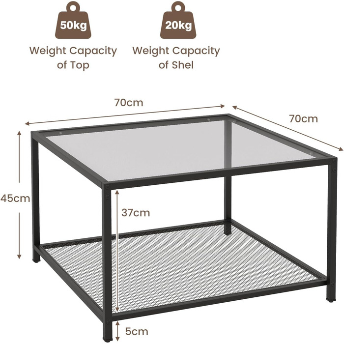 Журнальний столик із загартованого скла LIFEZEAL, квадратний стіл для вітальні з металевим каркасом, скляний столик для вітальні, офісу, 70 шт. 70 x 45 см (сірий, з полицею)