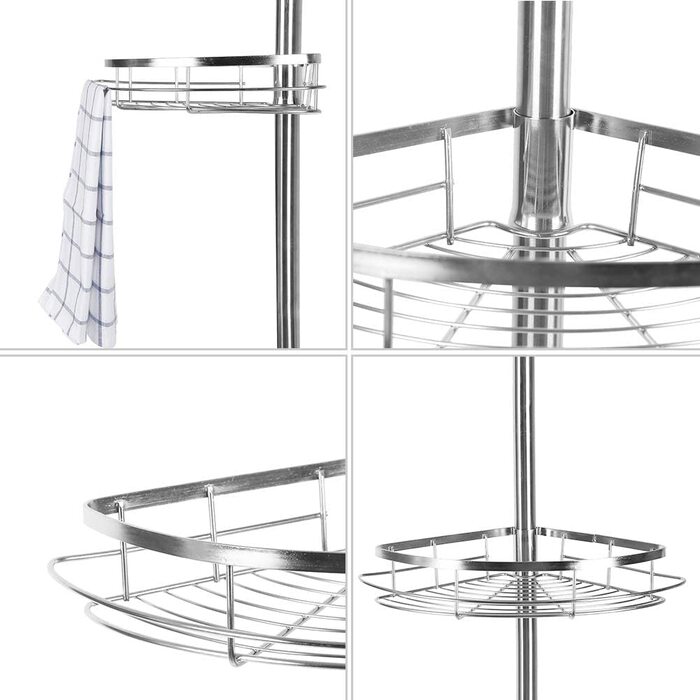 Полиця для душу THINFAR, полиця для ванної з 4 піддонами, душова кабіна, свердління не потрібно, телескопічна полиця для душу з нержавіючої сталі нержавіюча сталь регульована по висоті 110-280 см (3 ступені)