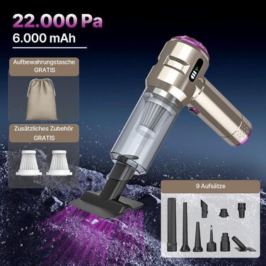 Акумуляторний ручний пилосос Piwaal 4-в-1, безщітковий мотор 22000Па, з повітродувкою 220000 об/хв, для авто, дому, офісу та комп'ютера, сріблястий