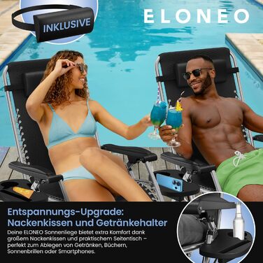 Лежак ELONEO розкладний преміум з подушкою, сонячний лежак для саду, вологостійкий, широка спинка, регульована, з подушкою для шиї та тримачем для напоїв, антрацит