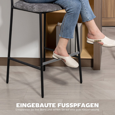 Набір з 2 барних стільців з м'яким сидінням, ідеально підходять для кухонної стільниці, домашнього бару. Мають спинку, підставку для ніг, оббивка з тканини, сталевий каркас, сірого кольору.