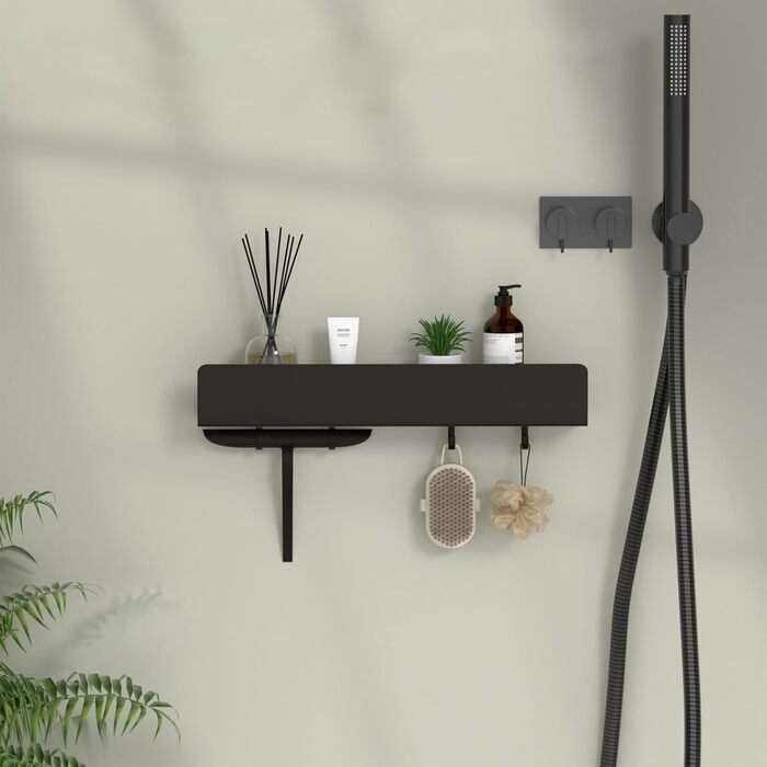 Поличка для душу REKITA без свердління, органайзер для ванної кімнати 40 см, поличка з нержавіючої сталі з 4 знімними гачками, тримач для шампуню для душу, навісна поличка, чорний колір