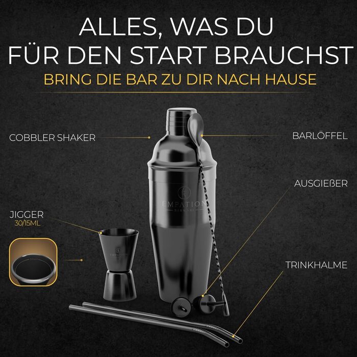 Набір для коктейлів Cobbler 700 мл з нержавіючої сталі, без розливання, професійний шейкер для коктейлів з підставкою та книгою рецептів, набір для барменів (стартовий набір, чорний)