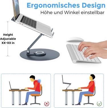 Підставка для ноутбука з поворотним основанням на 360°, регульована по висоті, ергономічна, з вентиляцією, складана, стабільна, з алюмінію для столу (темно-сіра)
