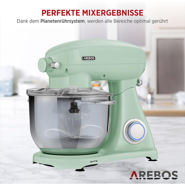 Кухонна машина Arebos Retro 1800W з чашею 6L з нержавіючої сталі | Кухонний міксер з 6 насадками (для тіста, збивання, збивання) та захистом від бризок