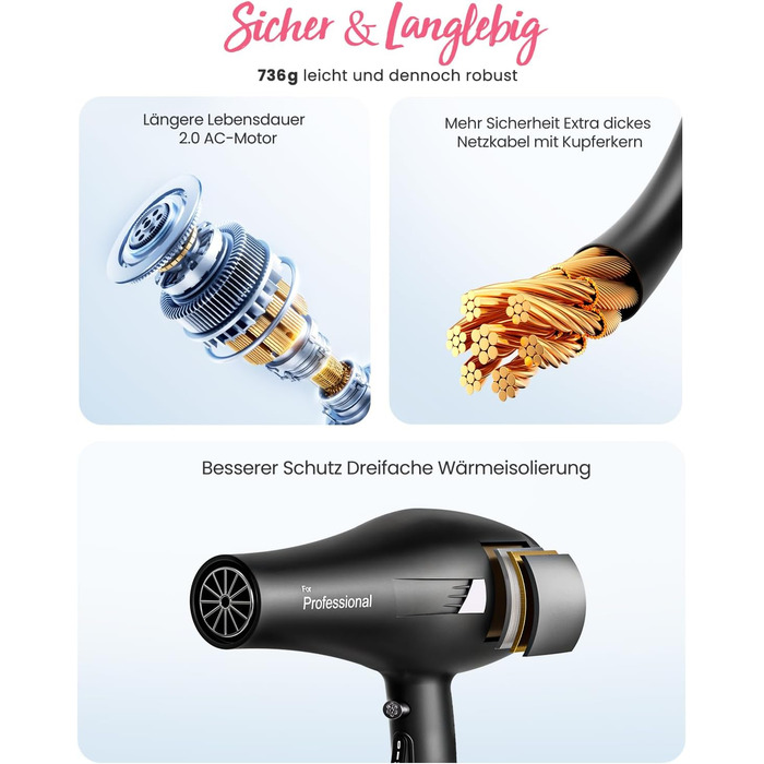 Професійний іонний фен для волосся Dekuri з диффузором та 2 насадками-концентраторами, 3 температурні та 2 швидкісні режими, чорний