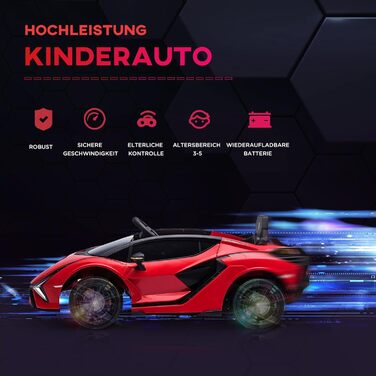 Електромобіль Lamborghini SIAN HOMCOM 12V для дітей, з пультом, музикою (MP3/USB), світлом, металевий, червоний, 108x62x40 см, для дітей 37-60 місяців