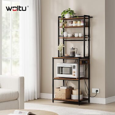 Кухонна полиця WOLTU з 6 ярусами, з розетками, мікрохвильова полиця з 6 гачками, полиця пекаря з металевим каркасом, регульовані полиці, Чорний+Рустикальне коричневий, 60 x 167 x 40 см