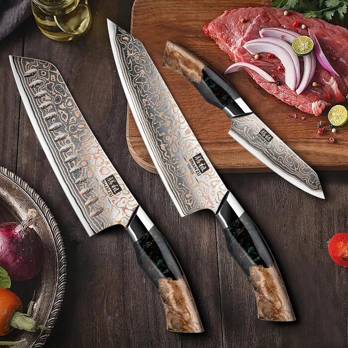 Набір кухонних ножів SHAN ZU Venus: 3 шт., 20 см, дамаск, ручка з міді, сталь 33 шари, ручна робота, японський кухонний ніж для професіоналів