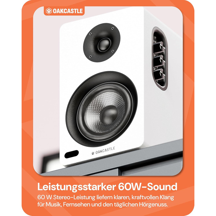 Акустична система Oakcastle BK100 Bluetooth 5.4, 60W 2.0 Hi-Fi поличні колонки для телевізора (HDMI ARC) та ПК, білі, з пультом