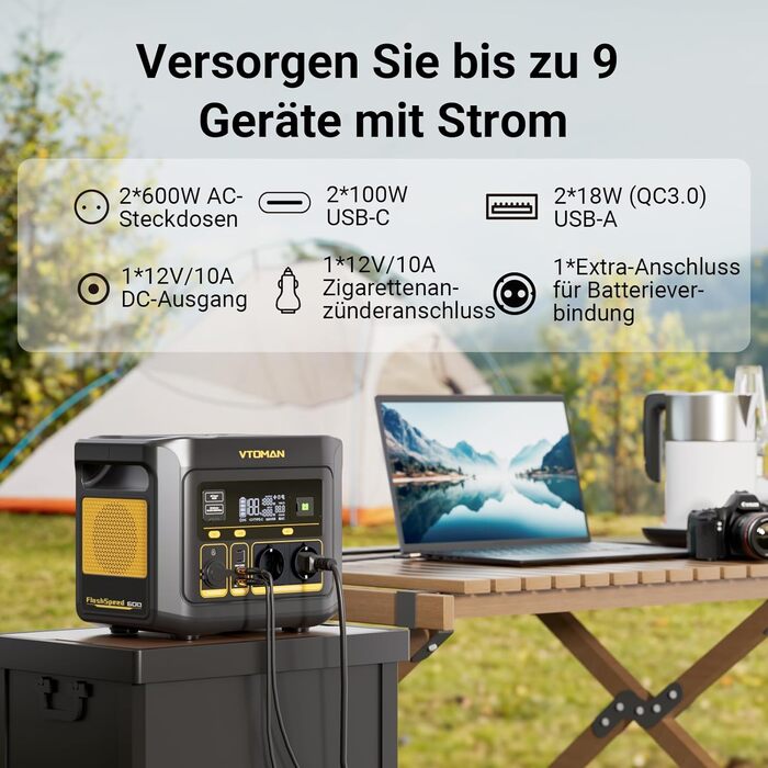 VTOMAN FlashSpeed 600: Портативна електростанція 600W (пік 1200W) - 499Wh, Сонячний генератор LiFePO4, 100W USB-C, швидка зарядка 60 хв (0-80%) для кемпінгу, риболовлі, автодому